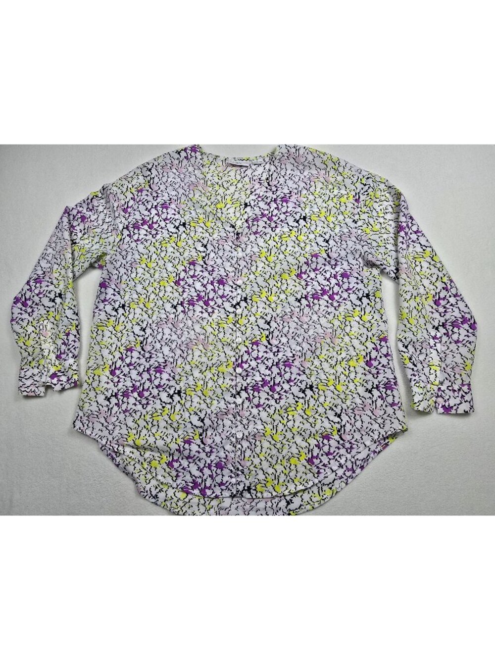 Liz Claiborne Petite Womens Floral Long Sleeve Blouse PL White Purple Yellow
